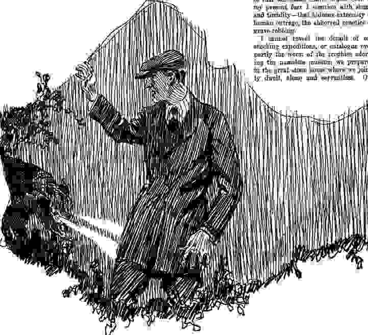 Sketch of a man in the rain looking at a dog with glowing eyes.